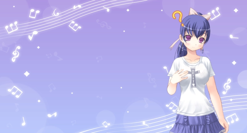 音符の入った紫色の淡いグラデーションを背景にしてKokomiがいる